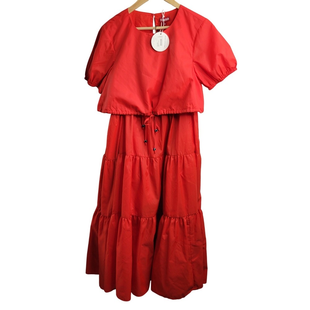 New Two-Piece Set Crop Top & Maxi Skirt Tiered Lg Red Boho Chic Vacation Staud - Picture 11 of 16